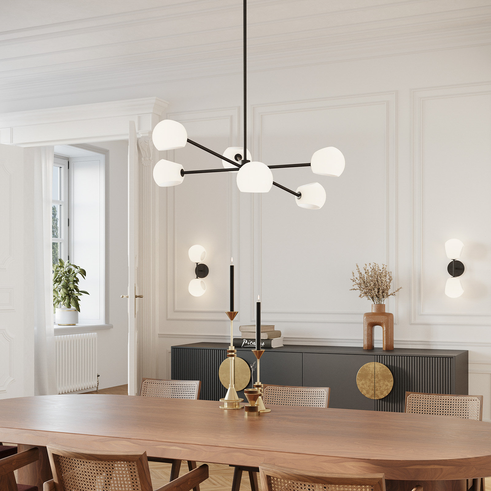 Willow 6 - Light Metal Sputnik Chandelier, Matte Black, Opal Matte