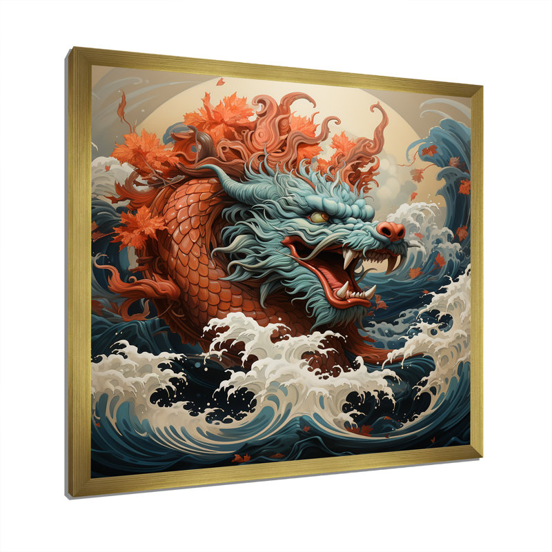 Dragon japonais japonais au large de Kanagawa III - Dragons, art mural, Cadre doré simple, H 16 po x l 16 po x P 1 po