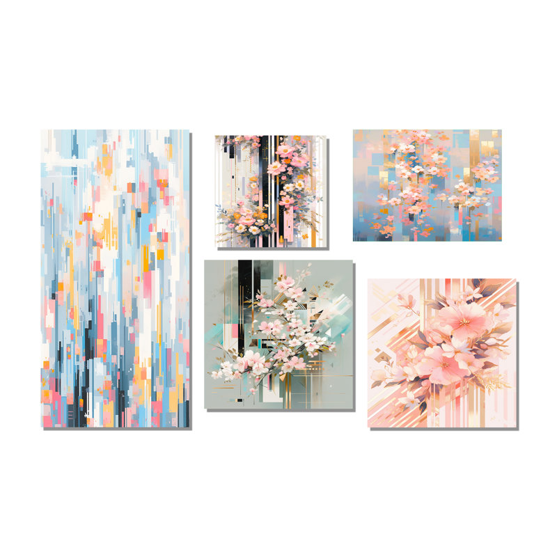 Fleurs de cerisier modernes roses "Bold Stripes I" - ensemble d'art mural sur toile cerise de 5, Toile tendue