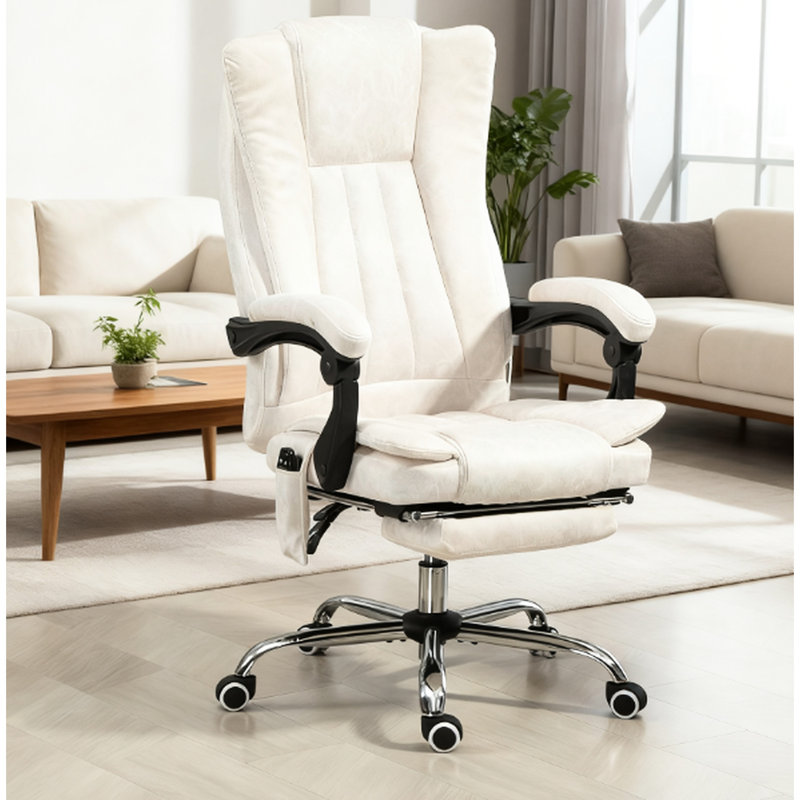Fauteuil de bureau blanc crème avec massage en 6 points, repose-pieds réglable en hauteur, repose-pieds, crème