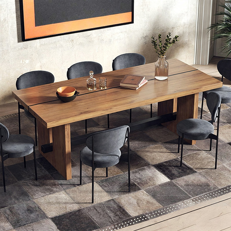 Brown+Black Rectangular Solid Wood+Iron Dining Table, 29.53"H×86.61"L×35.43"W