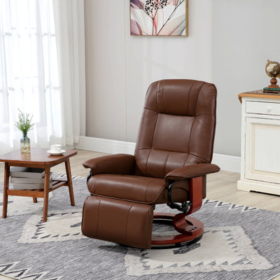 Faux Leather Manual Recliner, Adjustable Swivel Lounge Chair With Footrest, Armrest And Wrapped Wood Base For Living Room, Brown