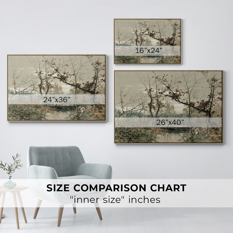 Paysage rétro - CDxxix, Toile avec cadre flottant or, H 25 po x l 37 po x P 2 po