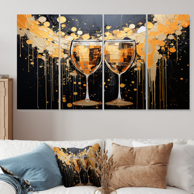 Gold And Black Champagne Essence  Champagne 4 Piece Wall Art