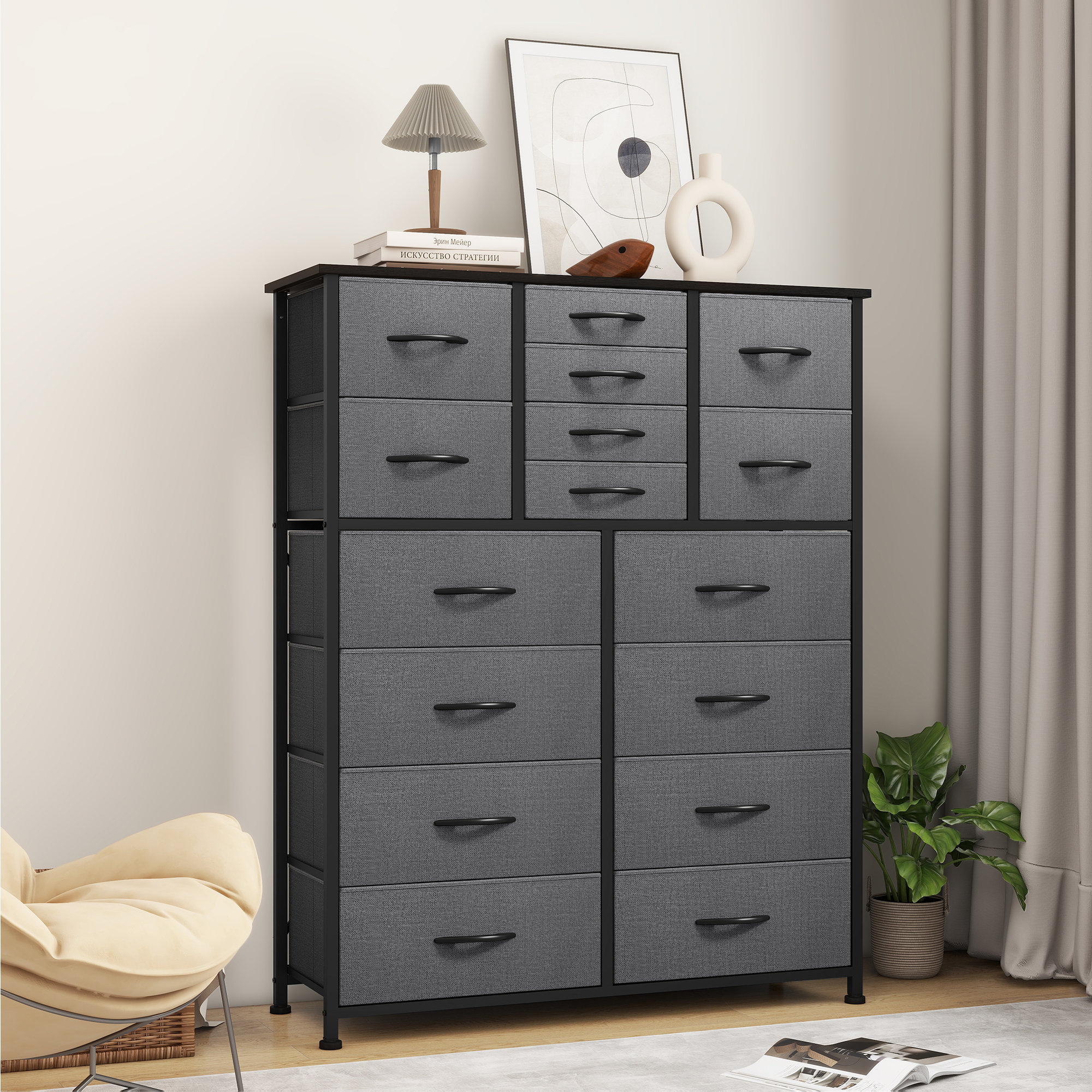 Commode, Meuble de Rangement, avec 5 Tiroirs en Tissu, Devant et Dessus