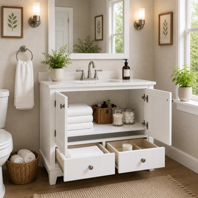 Meuble-lavabo sur pied 36 po en bois massif avec finition blanche, 2 portes, 2 tiroirs, base de meuble-lavabo à fermeture en douceur (lavabo et comptoir non inclus)