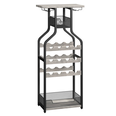 Rustic Freestanding Metal Wine Rack Table – Multi-Functional Bottle & Glass Holder Stand with Wood Countertop, Storage Shelves – Perfect for Home, Kitchen, Dining, Living Room – Compact Design