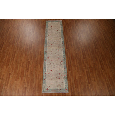 Tapis de couloir beige en laine noué à la main de conception unique 2 pi 11 po x 11 pi 11 po New Age