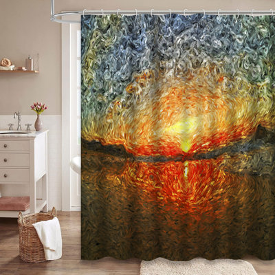 Sea Sunrise Sunset Oil Painting Brush Shower Curtain with 12 Hooks