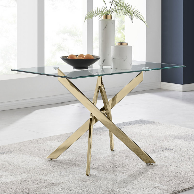Lenworth Luxury Rectangular Dining Table in Glass and Chrome Metal - Modern Statement Design, 75H x 120W x 70D, Gold
