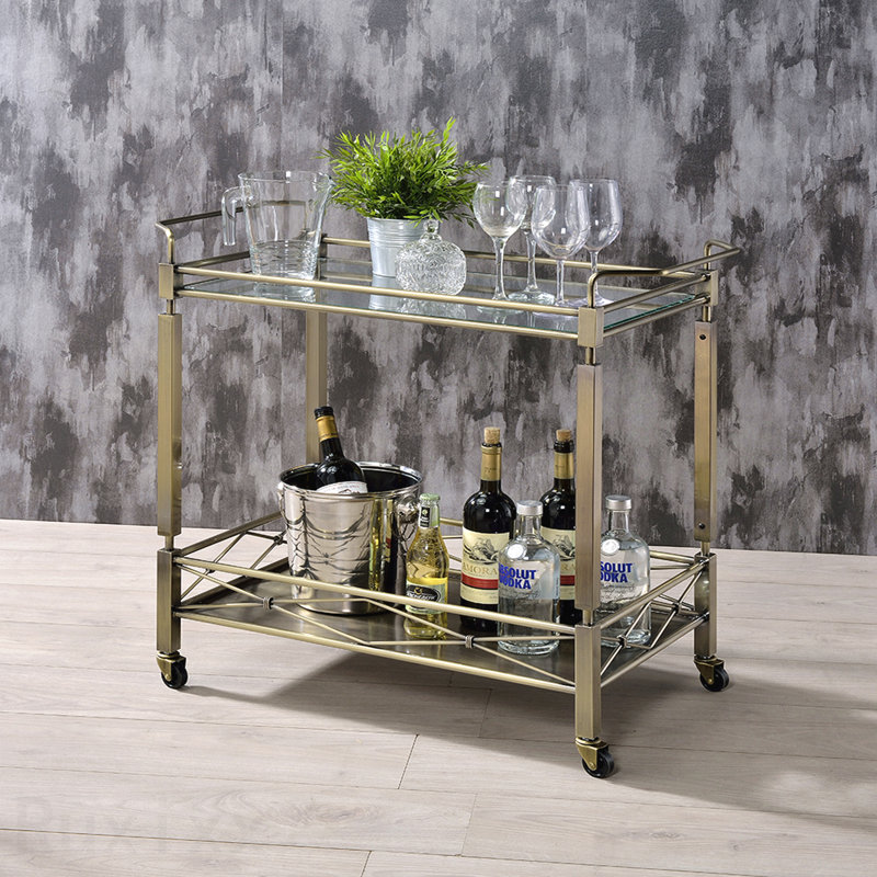 2-Tier Bar Cart with Glass Top & Caster Wheels