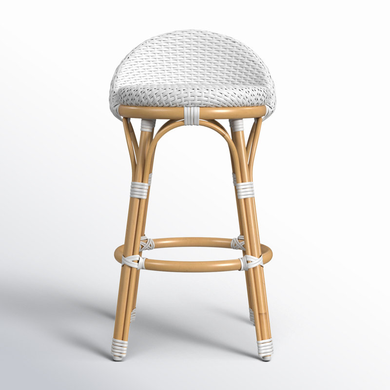 Ellie Rattan and Metal Low Back Counter Stool, Smooth White