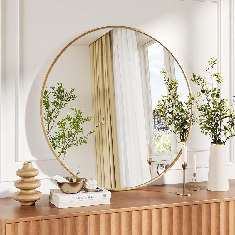 Round Wall Mirror, Metal Frame Circle Mirror for Bathroom, Bedroom & Entryway, Modern Rustic Decor, Heavy Duty Wall Mounted Vanity Mirror for Living Room, Hallway & Home Decor