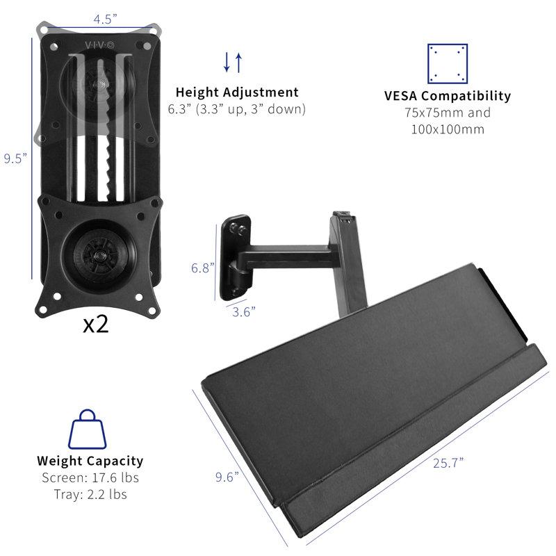 Adjustable Wall Mount Dual Monitor and Keyboard Tray Combo