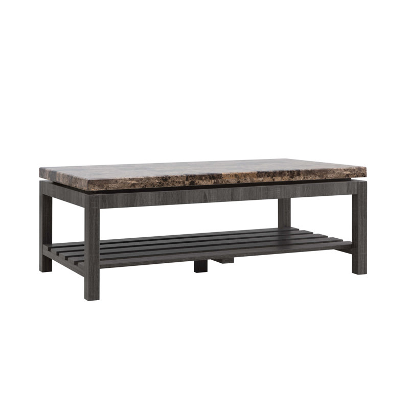 Table basse à plateau en faux marbre, structure à lattes, effet bicolore thème champêtre, intérieur