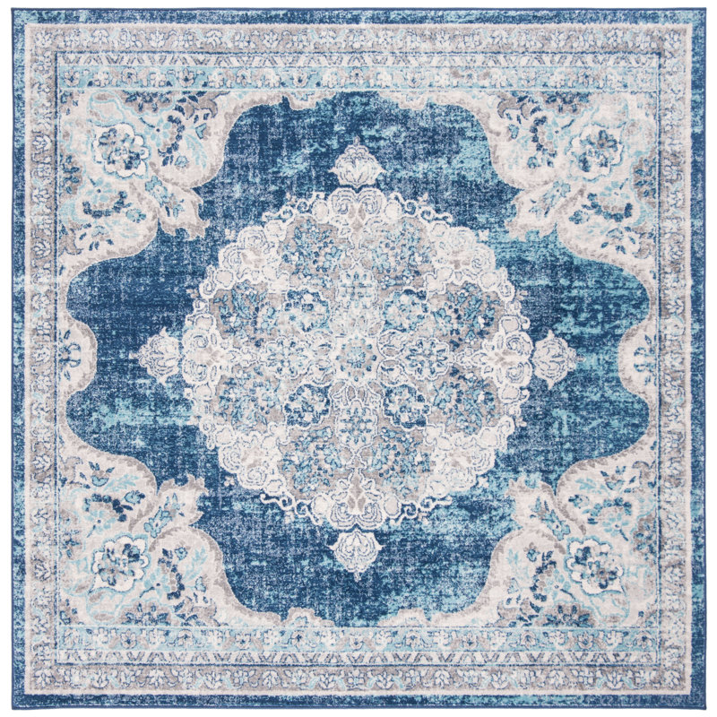 Barcus Oriental Navy/Ivory Area Rug, Square 6'7"