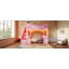 Lit mezzanine en bois pleine grandeur avec escalier de rangement, bureau, fenêtres, tablettes et lumière DEL, rose et rose clair-133706009