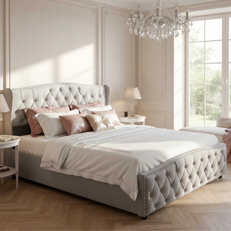 Velvet Ottoman Bed With Tufted Wingback & Nailhead Trim, Storage Bed Frame, European Double & King Size, Grey