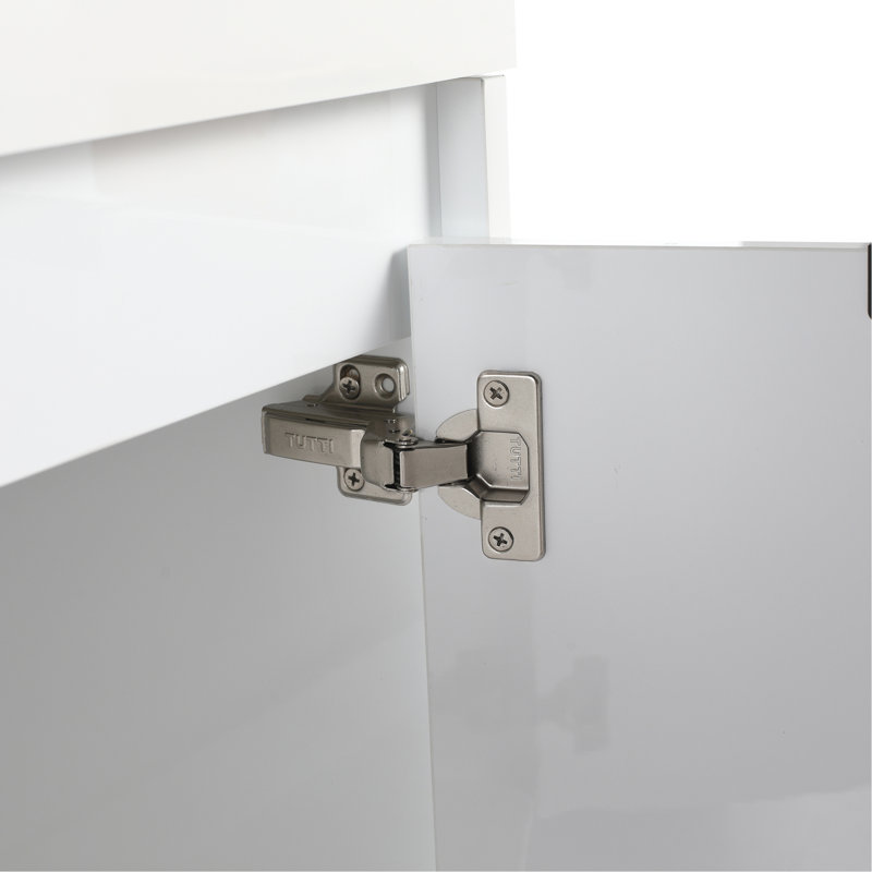 Meuble-lavabo de salle de bain avec lavabo en résine, 2 portes à fermeture douce et 1 armoire latérale, conception à fixation flottante, blanc brillant, contreplaqué (emballage KD)