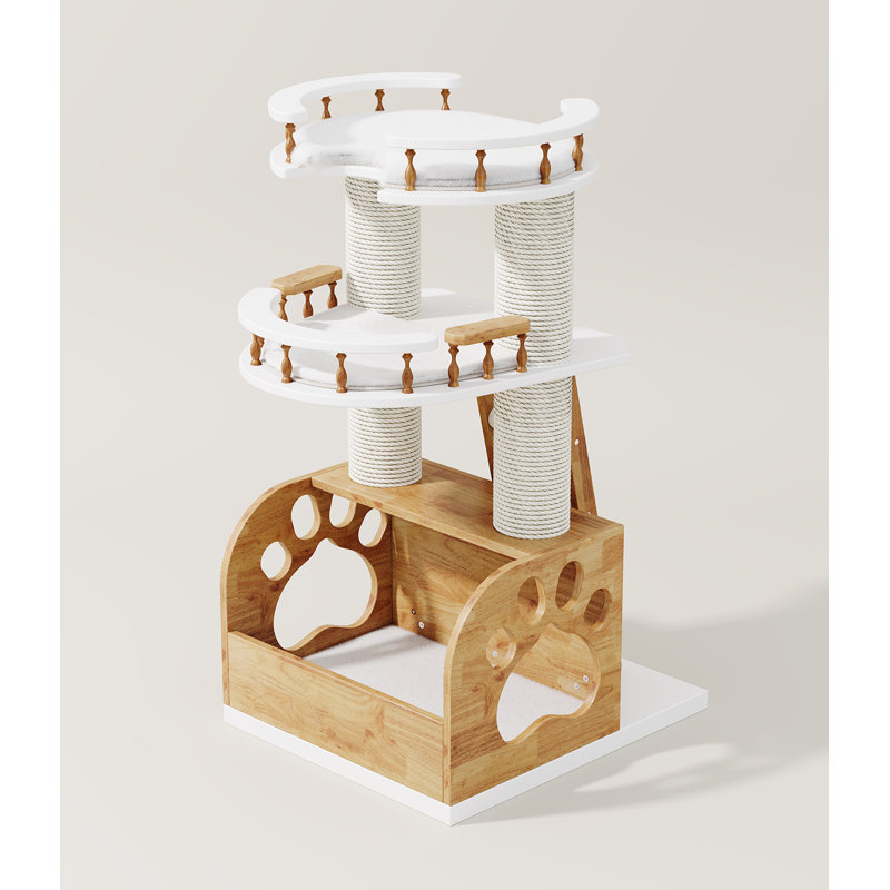 Mewzoom 37" Luxury Cats Trees Condo for Large Cat, 3 Level Solid Wooden Cats Tower Natural Cat House Furniture