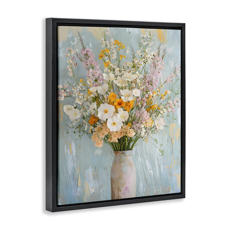 Cadre flottant orange et blanc à motif de fleurs, design par Franklyn Gregory, Cadre flottant noir de jais, H 21 po x l 17 po