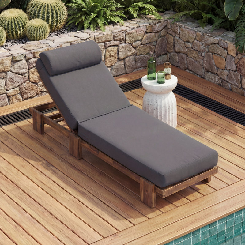 78.8" Acacia Wood Outdoor Chaise Lounge, Adjustable Recliner with Headrest & Retractable Side Tray for Patio, Poolside, Garden