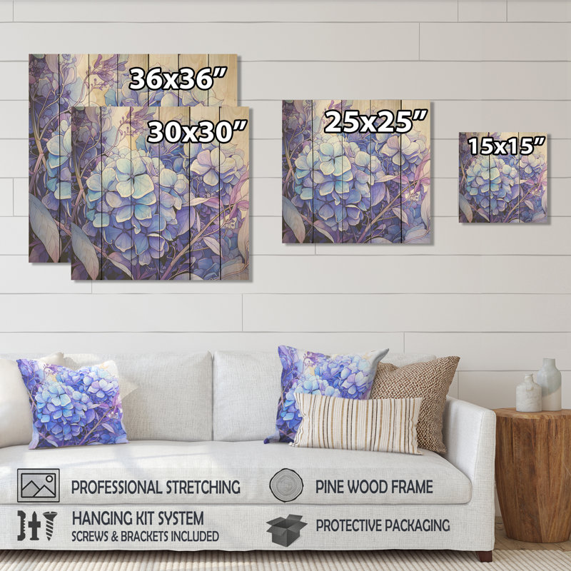 Fleurs d'hortensia mauve harmonie I - hortensia sur bois, H 25 po x l 25 po