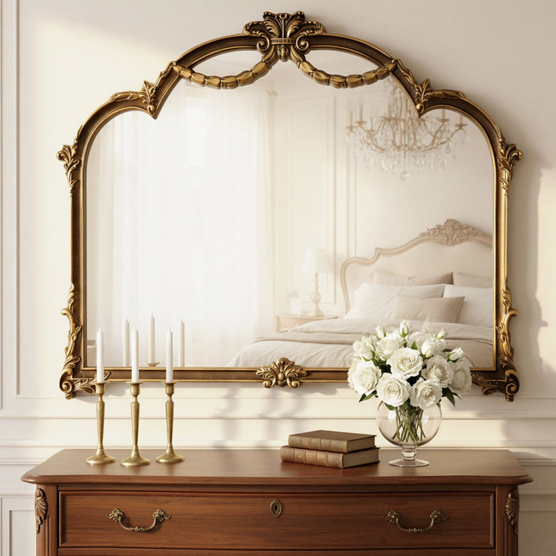 Miroir mural arqué antique avec cadre en métal Baroque, Or rétro