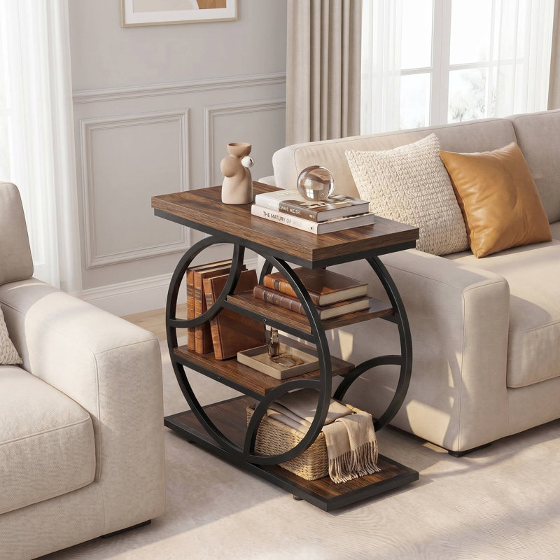 Table de bout industrielle étroite de 25,6 po avec 4 tablettes de rangement à 4 niveaux, table d'appoint latérale autoportante pour le salon et la chambre à coucher