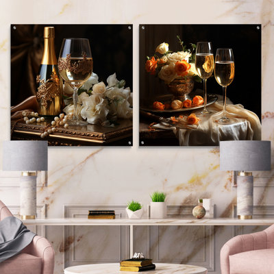 Classic Elegance I - Wine & Champagne Acrylic Wall Art Glass Set Of 2