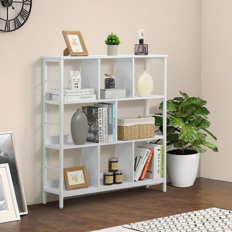 40-Inch Wide 8 Cube 3 Tier Industrial Open Shelf Bookcase with Metal Frame, White, White, 40.9" H x 39.4" W x 9.4" D