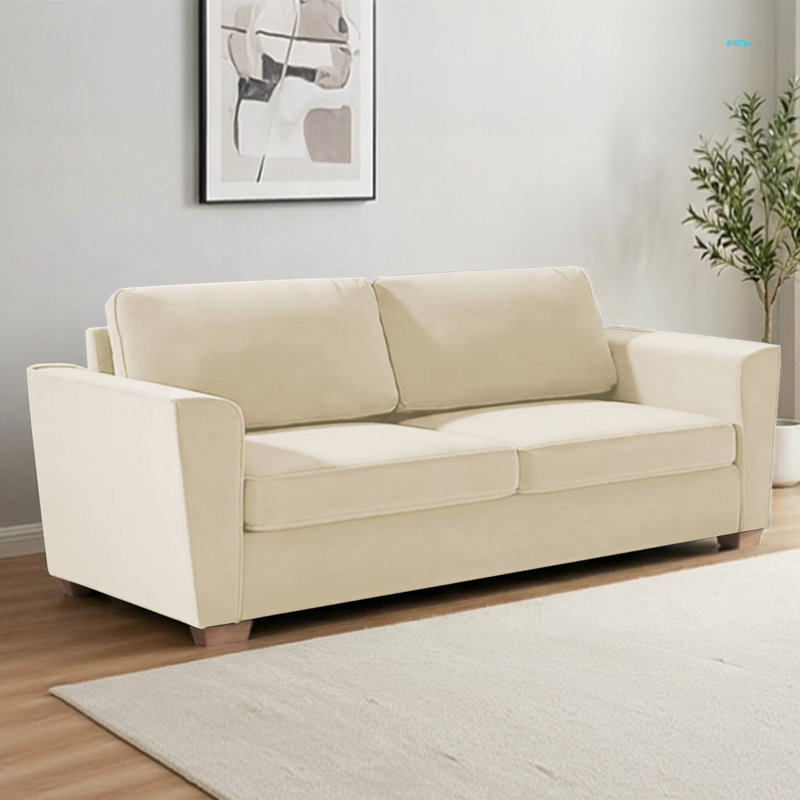 Full Size Velvet Pull-Out Sofa Bed with Folding Mattress, Beige