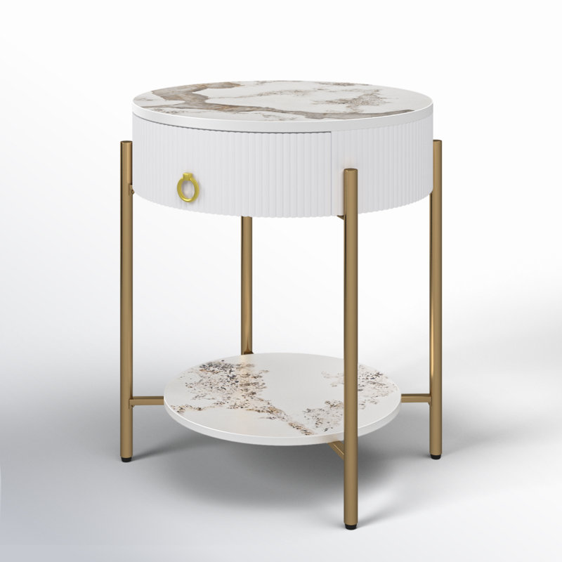 Woodville Side Table with Storage, White, Gold