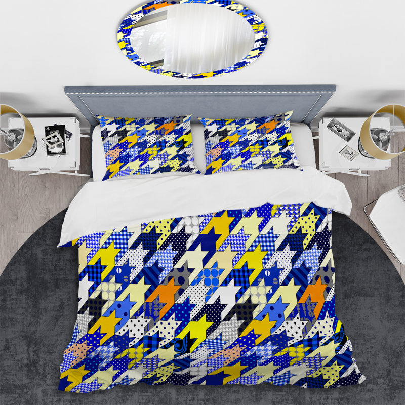 Patchwork jaune et bleu - ensemble de housse de couette abstrait - microfibre de polyester