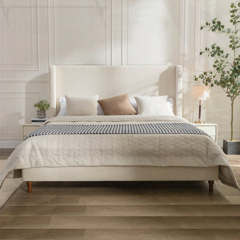 Mozter Upholstered Wingback Platform Bed, Ivory Boucle, King