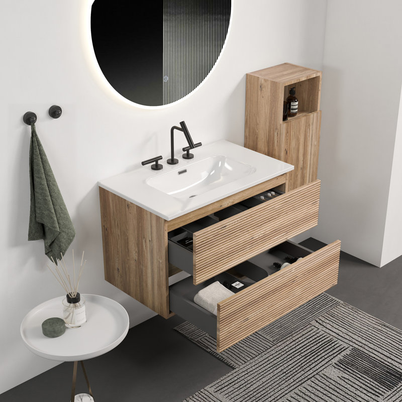 Meuble-lavabo mural 30 po en chêne brut et chêne brut avec lavabo intégré en céramique avec trop-plein, avec 3 trous, grand meuble-lavabo flottant pour salle de bain moderne,