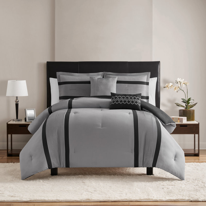 Ensemble d'édredon plissé Hamden, Noir / gris, Édredon grand + 4 pièces supplémentaires