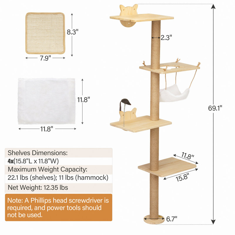 Wall-Mounted Cat Scratching Pad For Small To Large Cat, Indoor Wood Cat Tree With Hammock, Cat Scratcher Perch