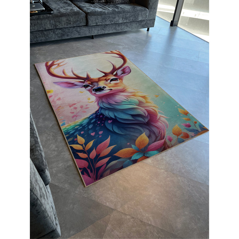 Tapis décoratif moderne multicolore à motif de cerf abstrait à motif de cerfs, Rectangle 3 pi 3 po x 6 pi 7 po