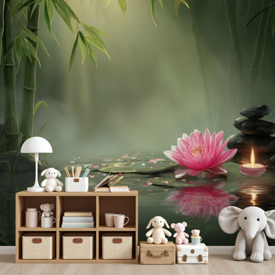 Papier peint adhésif peler et coller Scène zen méditatif, pierres de lotus, pierres et reflets tranquilles, 69 po x l 96 po, papier peint amovible en PVC, adhésif mural pour chambre à coucher, bureau à domicile