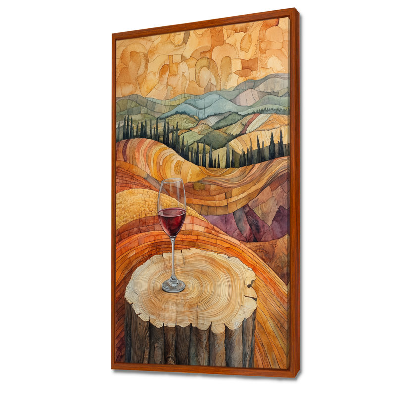 Gracilyn vignoble avec verre de vin en Provence, paysage encadré, H 60 po x l 28 po, Brun, Impression encadrée flottante