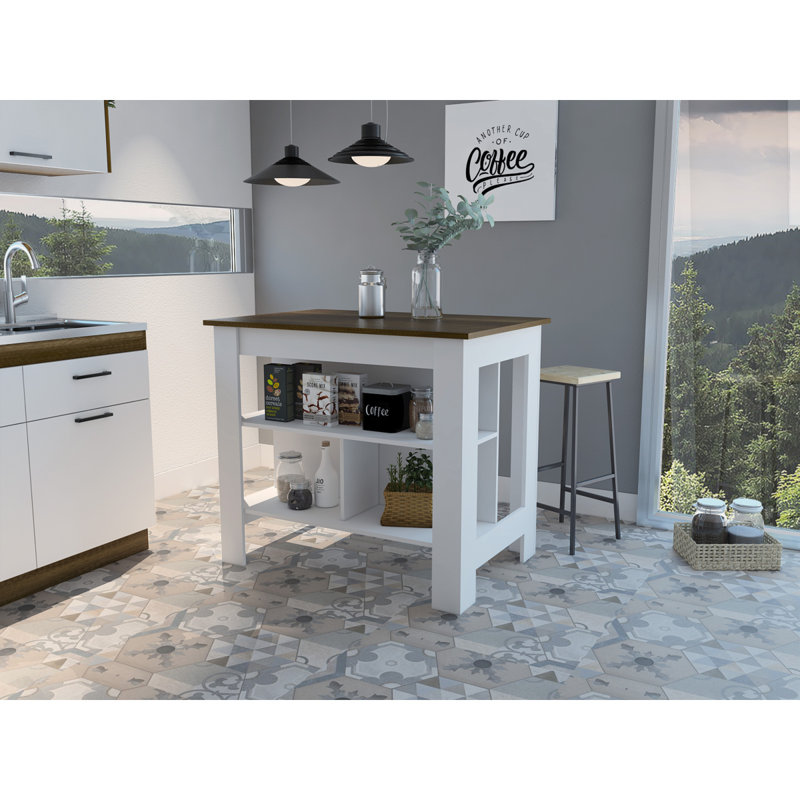 Îlot de cuisine à 3 tablettes Rockaway, H 35,35 po x l 40,45 po x P 27,45 po, Blanc/noyer