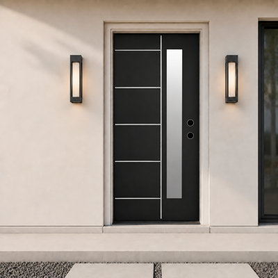 36 in. x 80 in. Prehung Fiberglass Modern Entry Door with Frosted Glass and Metal Inlays, Black Woodgrain Finish