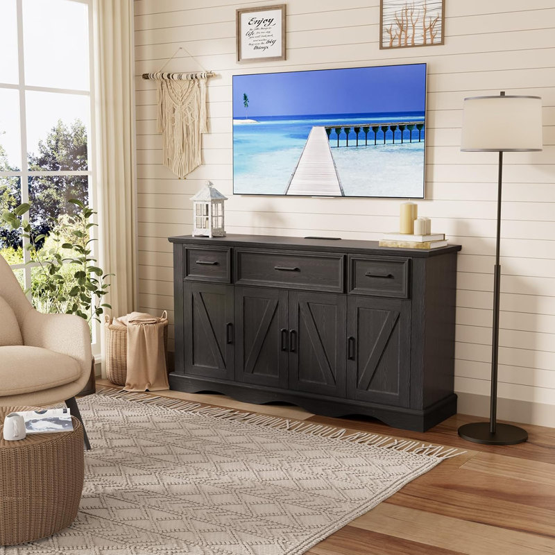 56" Wide 3 Drawer Sideboard Buffet, Farmhouse 4 Doors Credenza Storage Cabinets with Adjustable Shelves, Black