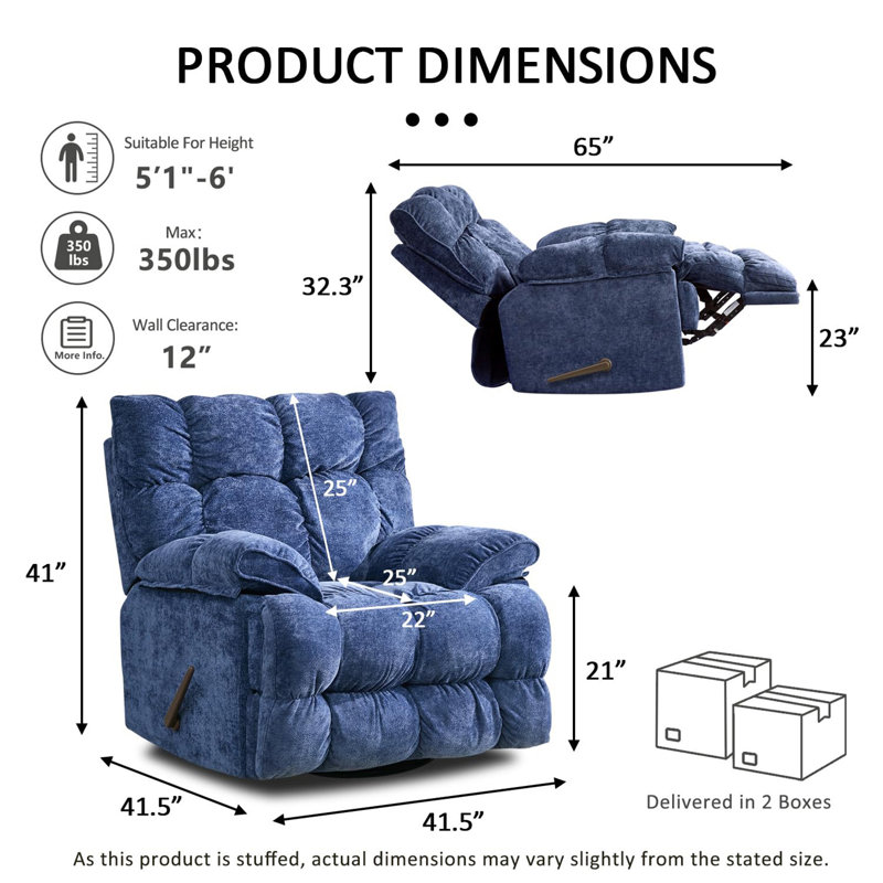41.5" Wide Upholstered Manual Recliner, Oversized Swivel Rocker Recliner Chair, Blue