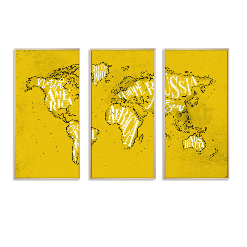 Carte du monde vintage rétro - cartes murales sur toile, ensemble de 3, H 28 po x l 36 po x P 1 po, Brun