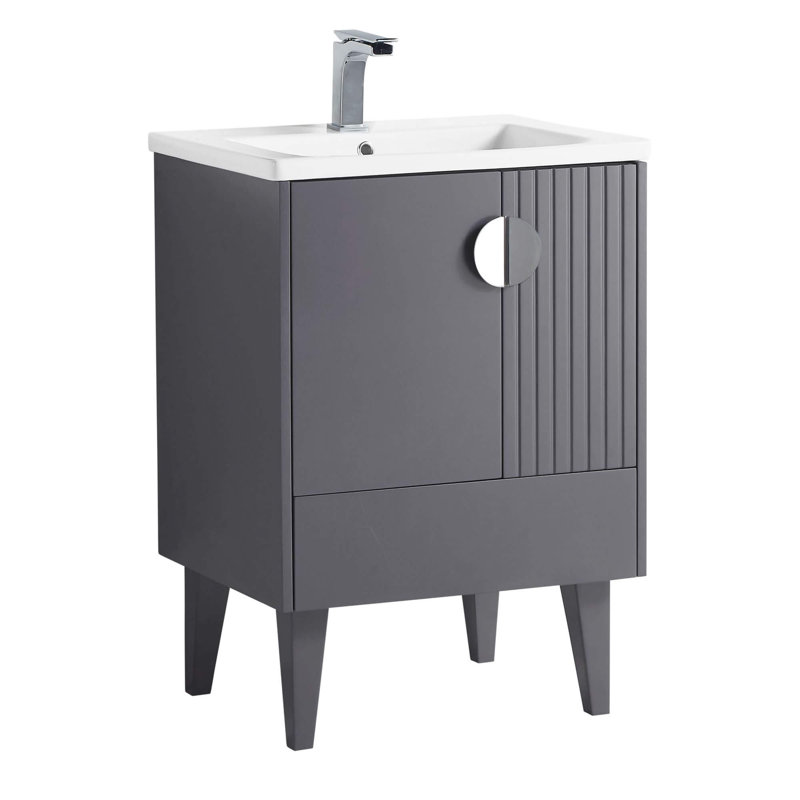 Saimah 24'' Single Bathroom Vanity with Ceramic Top, Polished Chrome, Rock Grey