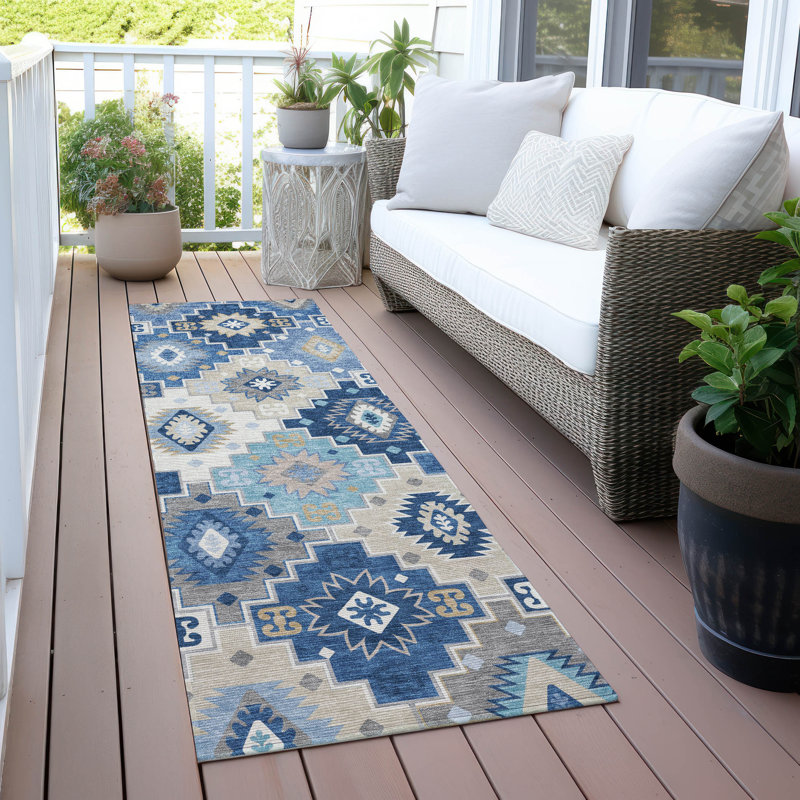 Machine Washable Indoor/Outdoor Xhevrie Blue Rug, Runner 2'3" x 7'6"