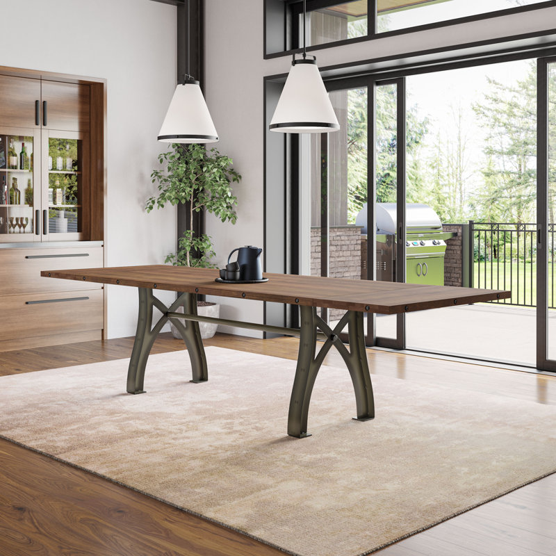 Table de salle à manger avec tréteaux à rallonge en bois massif patiné Roessler, H 30 po x L 120 po x l 40 po, Marron foncé