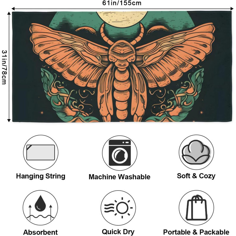Boho Moon Butterfly Beach Towel,Oversized Microfiber Sand Free Lightweight Quick Dry Bath Blanket for Women Men, Travel Blanket Vacation Essentials Gift for Friends and Family 30" x 63"